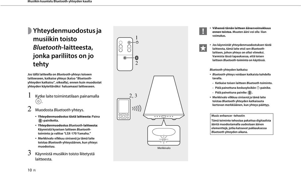 Yhteydenmuodostus tästä laitteesta: Paina -painiketta. Yhteydenmuodostus Bluetooth-laitteesta: Käynnistä kyseisen laitteen Bluetoothtoiminto ja valitse LSX-170 Yamaha.