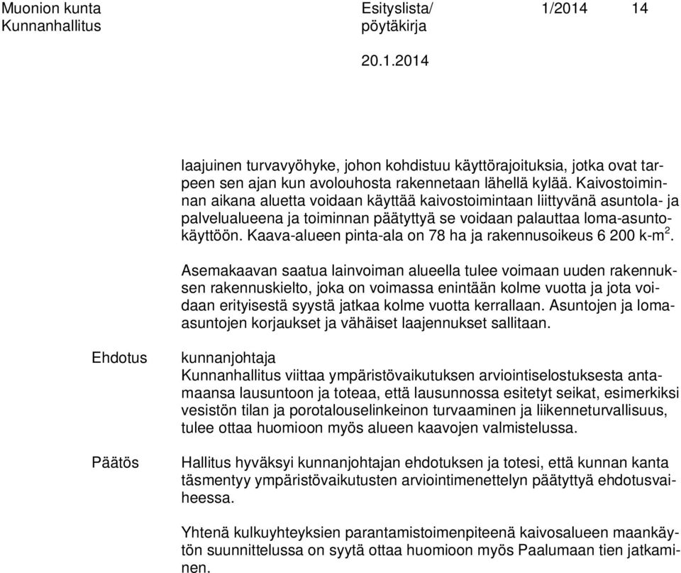 Kaava-alueen pinta-ala on 78 ha ja rakennusoikeus 6 200 k-m 2.