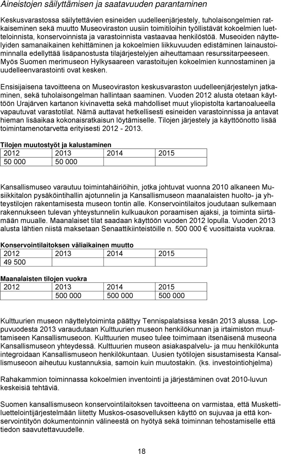 Museoiden näyttelyiden samanaikainen kehittäminen ja kokoelmien liikkuvuuden edistäminen lainaustoiminnalla edellyttää lisäpanostusta tilajärjestelyjen aiheuttamaan resurssitarpeeseen.