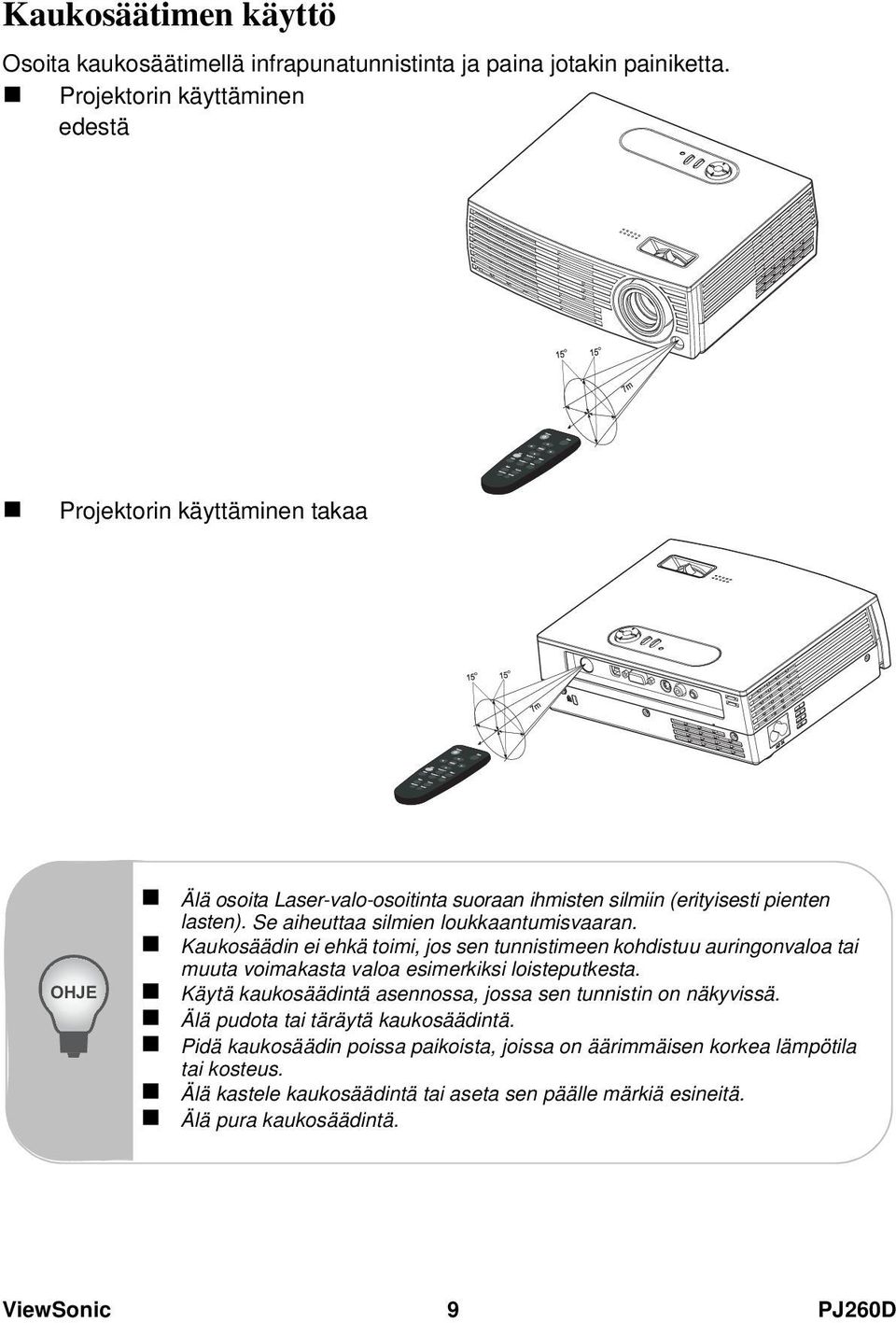 Se aiheuttaa silmien loukkaantumisvaaran. Kaukosäädin ei ehkä toimi, jos sen tunnistimeen kohdistuu auringonvaloa tai muuta voimakasta valoa esimerkiksi loisteputkesta.