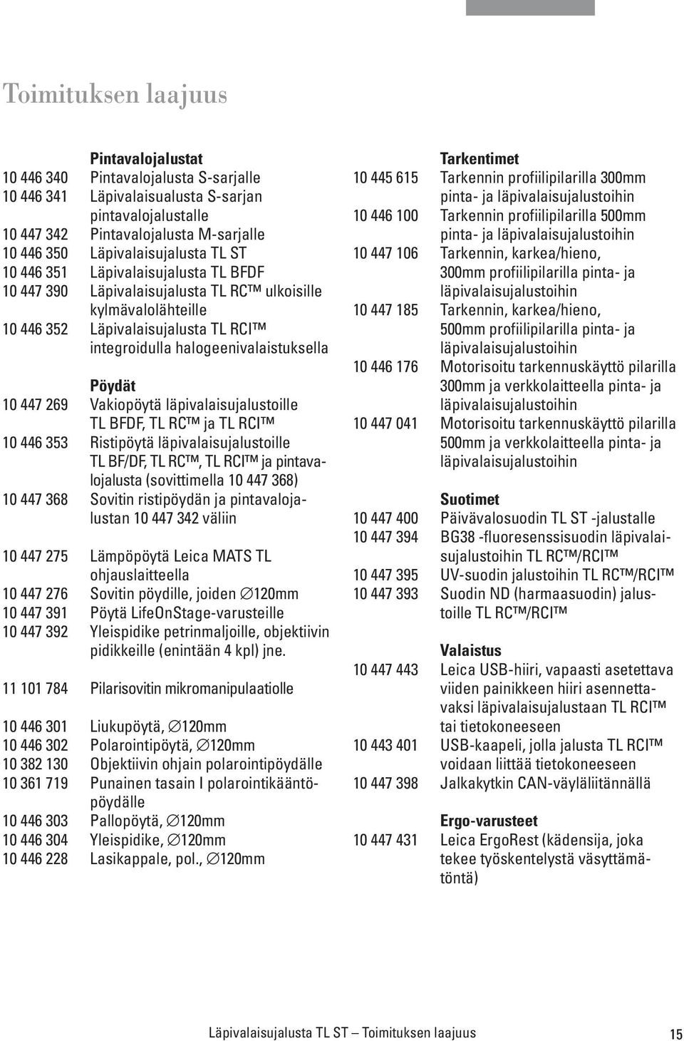 halogeenivalaistuksella Pöydät 10 447 269 Vakiopöytä läpivalaisujalustoille TL BFDF, TL RC ja TL RCI 10 446 353 Ristipöytä läpivalaisujalustoille TL BF/DF, TL RC, TL RCI ja pintavalojalusta