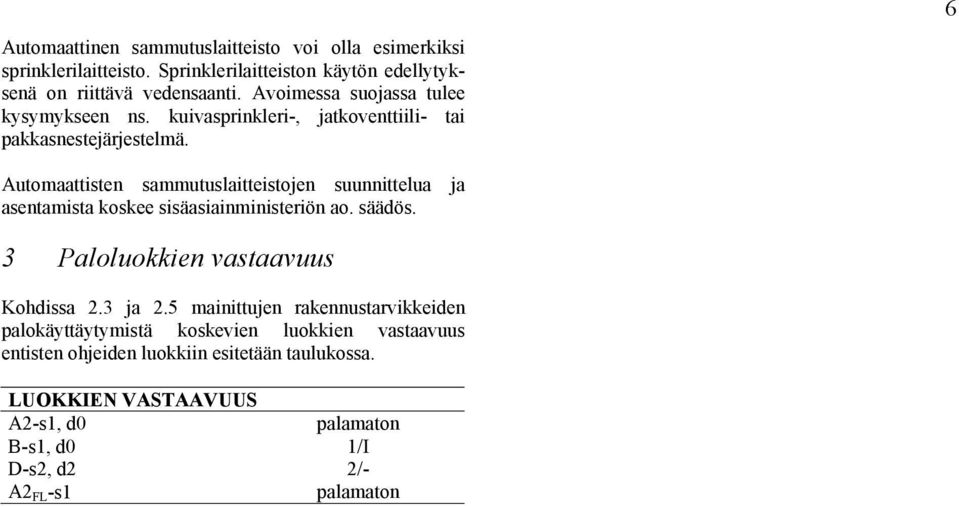 Automaattisten sammutuslaitteistojen suunnittelua ja asentamista koskee sisäasiainministeriön ao. säädös. 3 Paloluokkien vastaavuus Kohdissa 2.3 ja 2.
