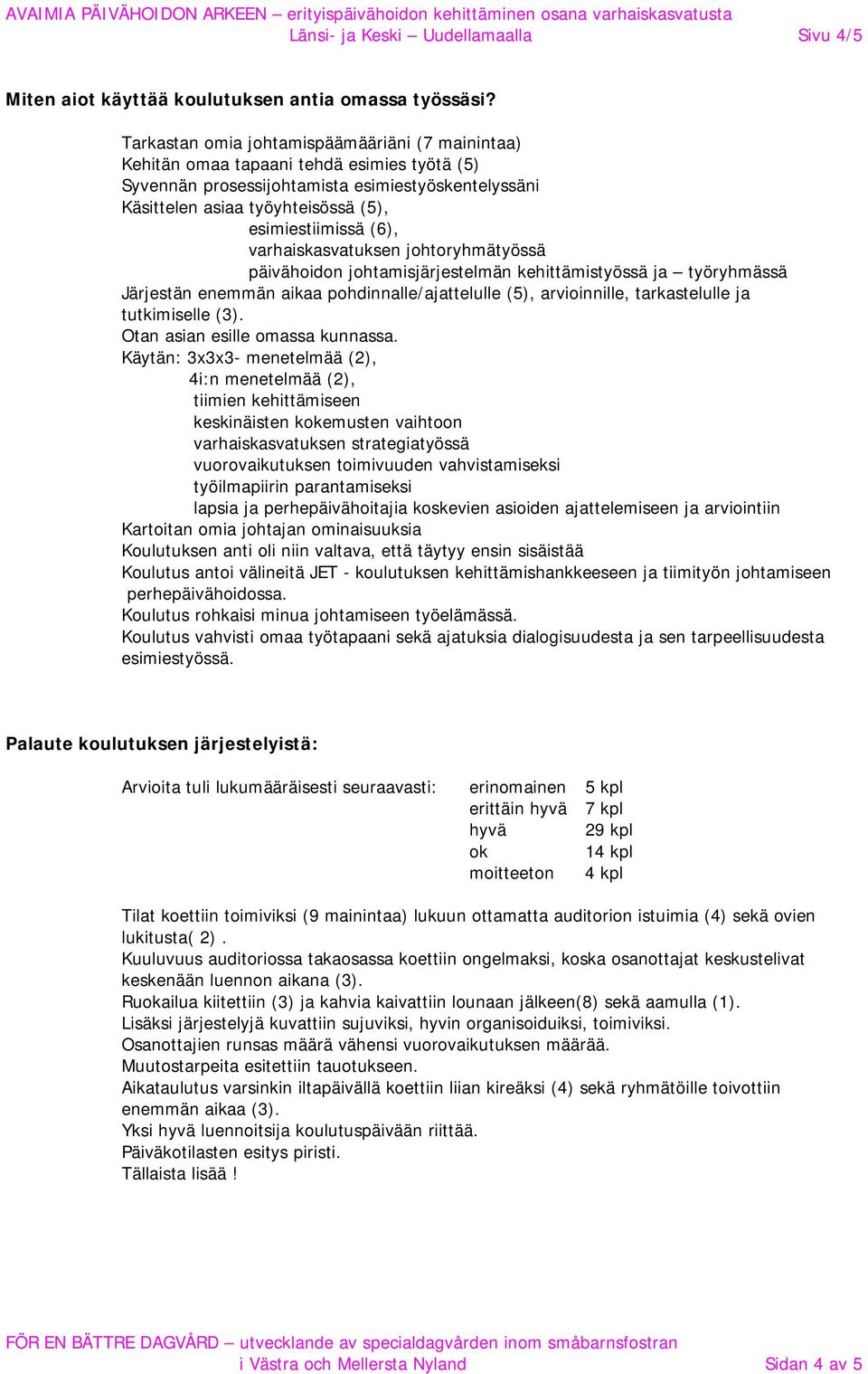 (6), varhaiskasvatuksen johtoryhmätyössä päivähoidon johtamisjärjestelmän kehittämistyössä ja työryhmässä Järjestän enemmän aikaa pohdinnalle/ajattelulle (5), arvioinnille, tarkastelulle ja