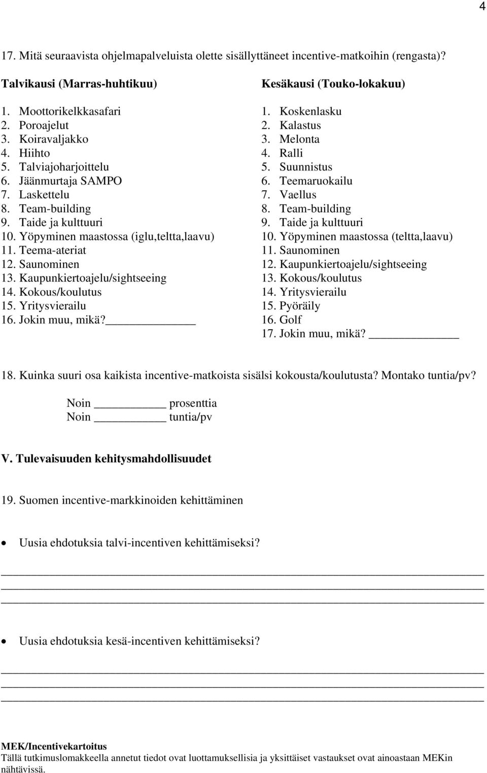 Kaupunkiertoajelu/sightseeing 14. Kokous/koulutus 15. Yritysvierailu 16. Jokin muu, mikä? Kesäkausi (Touko-lokakuu) 1. Koskenlasku 2. Kalastus 3. Melonta 4. Ralli 5. Suunnistus 6. Teemaruokailu 7.