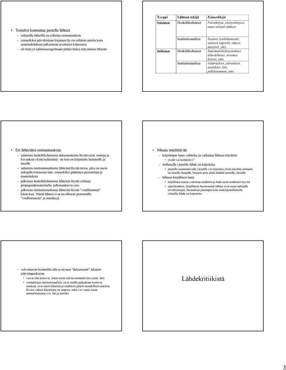 Institutionaaliset Henkilökohtaiset Institutionaaliset Sisäiset työdokumentit, salaiset raportit, ohjeet, muistiot, yms. Sanomalehtikirjoitukset, lehtolehtiset, avoimet kirjeet, yms.