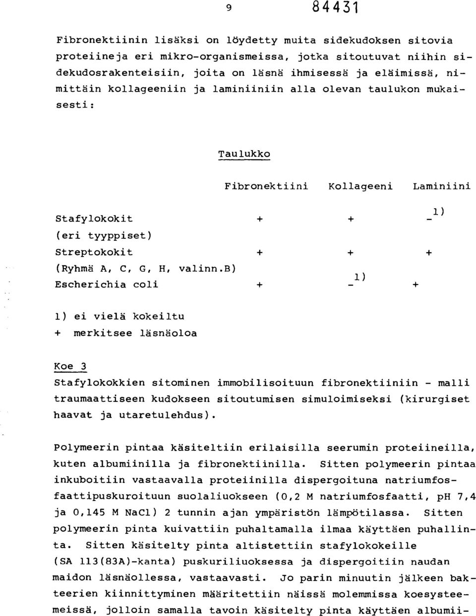 b) 1) Escherichia coli 1 ) 1) ei vielä kokeiltu + merkitsee läsnäoloa Koe 3 Stafylokokkien sitominen immobilisoituun fibronektiiniin - malli traumaattiseen kudokseen sitoutumisen simuloimiseksi