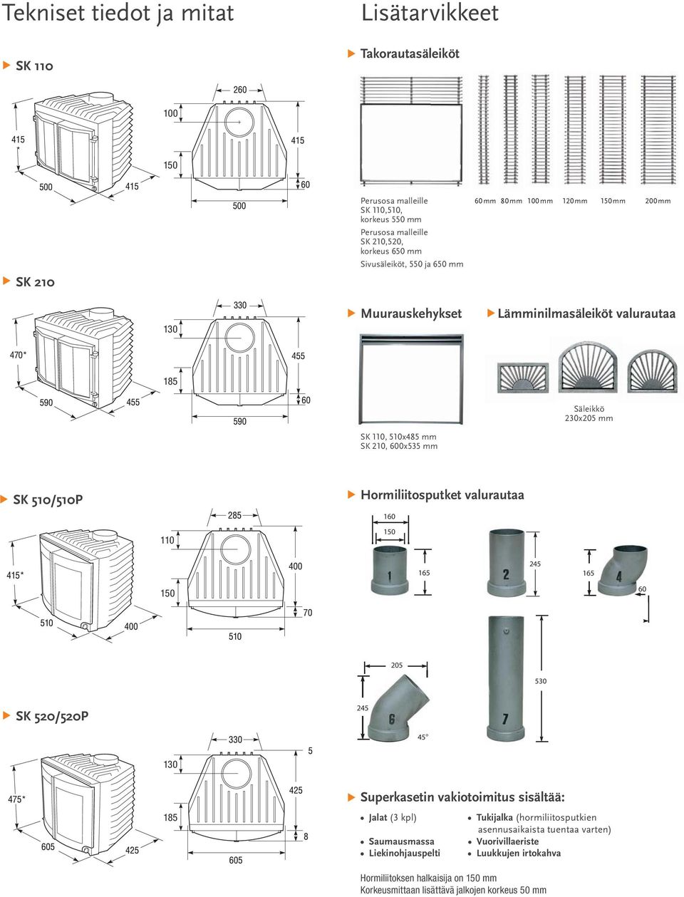 SK 510/510P 110 Hormiliitosputket valurautaa 160 150 165 245 165 150 60 205 530 SK 520/520P 245 45 130 185 Superkasetin vakiotoimitus sisältää: Jalat (3 kpl) Tukijalka