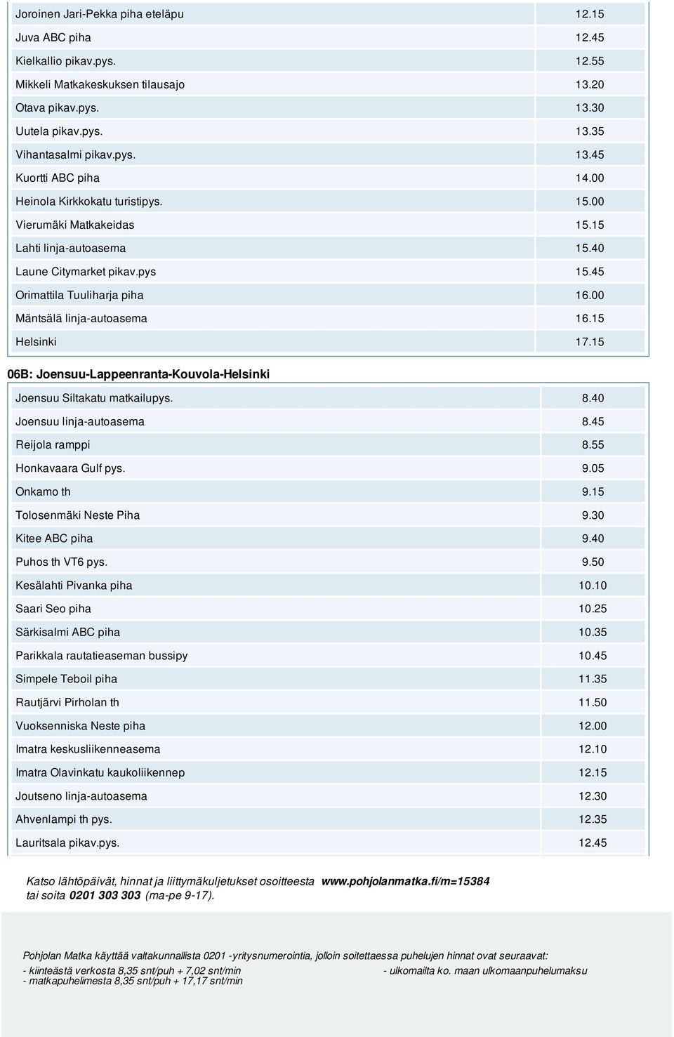 55 Honkavaara Gulf pys. 9.05 Onkamo th 9.15 Tolosenmäki Neste Piha 9.30 Kitee ABC piha 9.40 Puhos th VT6 pys. 9.50 Kesälahti Pivanka piha 10.10 Saari Seo piha 10.25 Särkisalmi ABC piha 10.