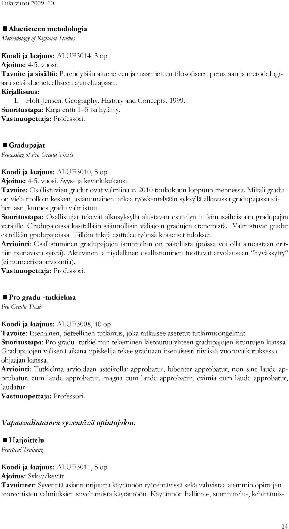 Suoritustapa: Kirjatentti 1 5 tai hylätty. Gradupajat Processing of Pro Gradu Thesis Koodi ja laajuus: ALUE3010, 5 op Ajoitus: 4-5. vuosi. Syys- ja kevätlukukausi.