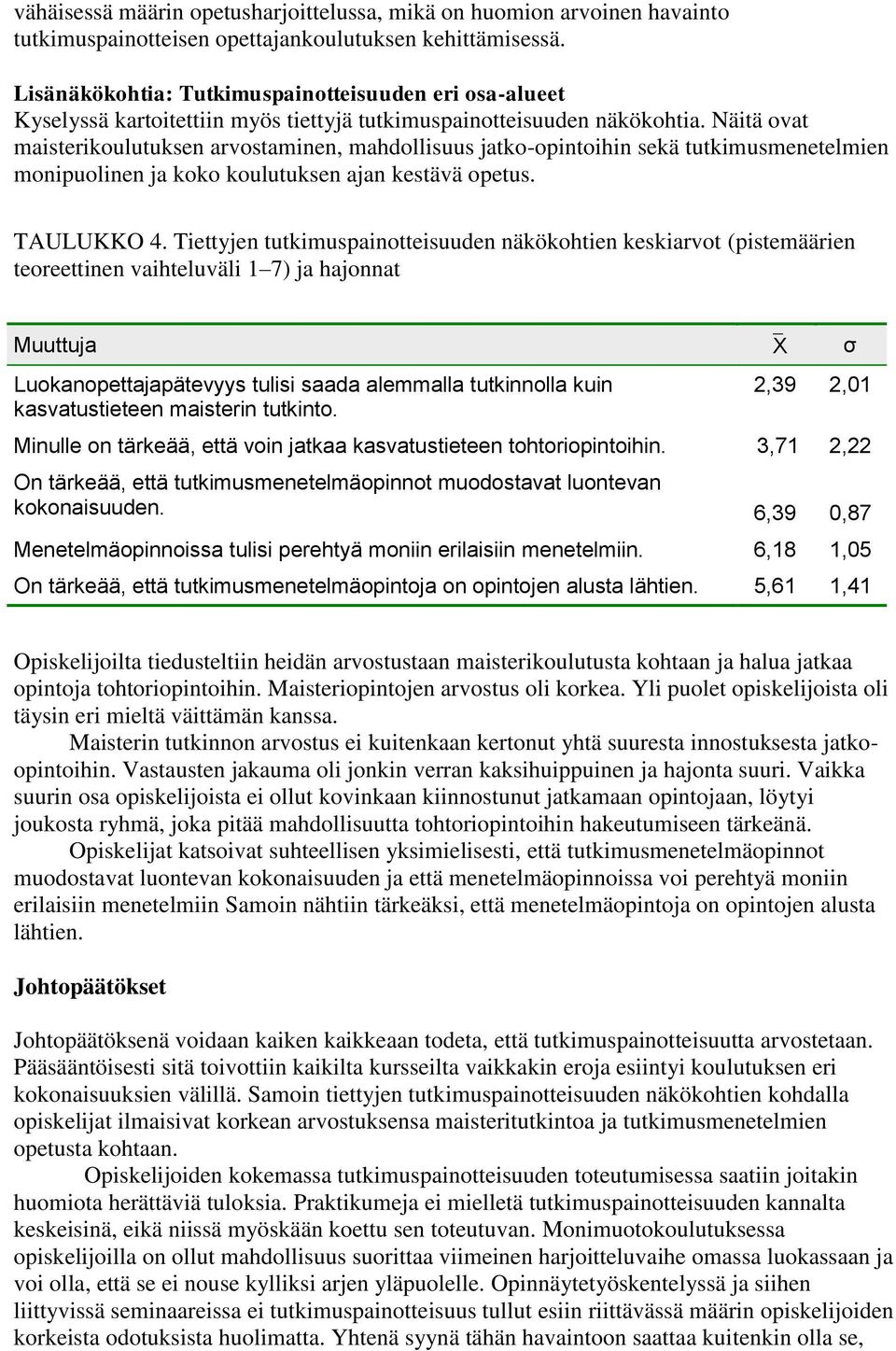 Näitä ovat maisterikoulutuksen arvostaminen, mahdollisuus jatko-opintoihin sekä tutkimusmenetelmien monipuolinen ja koko koulutuksen ajan kestävä opetus. TAULUKKO 4.