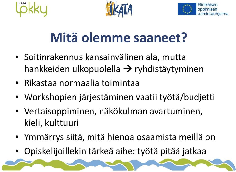 Rikastaa normaalia toimintaa Workshopien järjestäminen vaatii työtä/budjetti