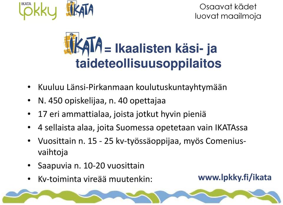 40 opettajaa 17 eri ammattialaa, joista jotkut hyvin pieniä 4 sellaista alaa, joita Suomessa