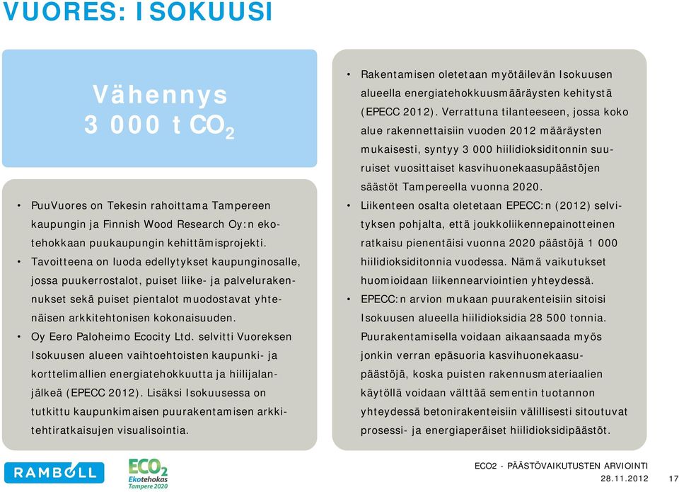 Oy Eero Paloheimo Ecocity Ltd. selvitti Vuoreksen Isokuusen alueen vaihtoehtoisten kaupunki ja korttelimallien energiatehokkuutta ja hiilijalanjälkeä (EPECC 2012).