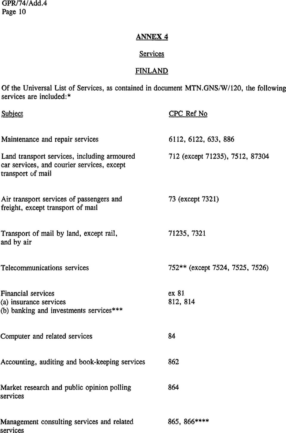 except 6112, 6122, 633, 886 712 (except 71235), 7512, 87304 Air transport services of passengers and freight, except transport of mail 73 (except 7321) Transport of mail by land, except rail, and by