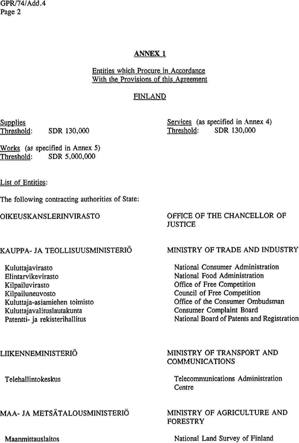 Elintarvikevirasto Kilpailuvirasto Kilpailuneuvosto Kuluttaja-asiamiehen toimisto Kuluttajavalituslautakunta Patentti- ja rekisterihallitus OFFICE OF JUSTICE THE CHANCELLOR OF MINISTRY OF TRADE AND