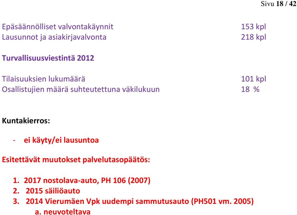 väkilukuun 18 % Kuntakierros: - ei käyty/ei lausuntoa Esitettävät muutokset palvelutasopäätös: 1.