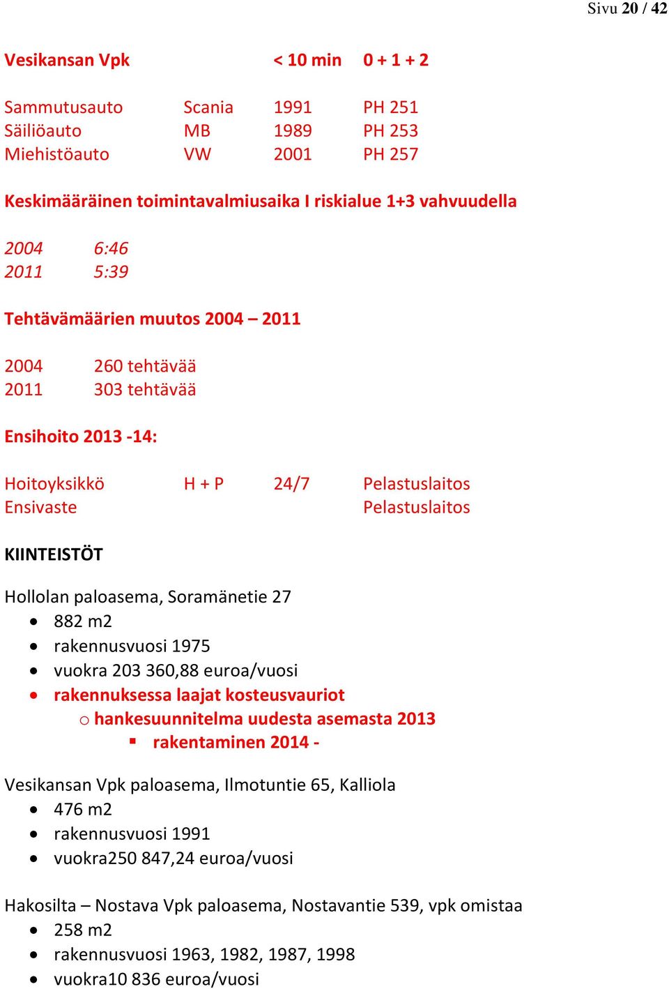 paloasema, Soramänetie 27 882 m2 rakennusvuosi 1975 vuokra 203 360,88 euroa/vuosi rakennuksessa laajat kosteusvauriot o hankesuunnitelma uudesta asemasta 2013 rakentaminen 2014 - Vesikansan Vpk