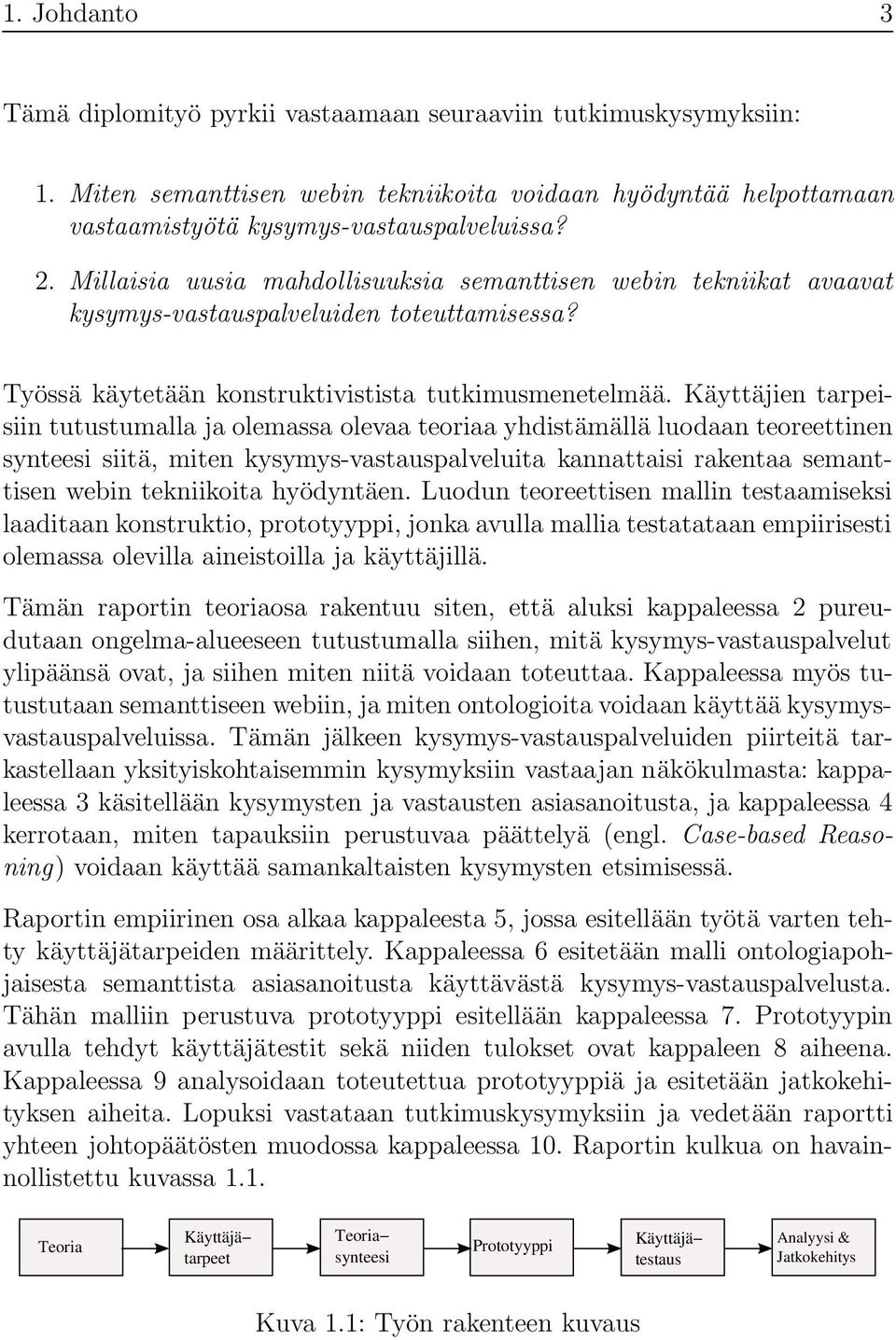 Käyttäjien tarpeisiin tutustumalla ja olemassa olevaa teoriaa yhdistämällä luodaan teoreettinen synteesi siitä, miten kysymys-vastauspalveluita kannattaisi rakentaa semanttisen webin tekniikoita