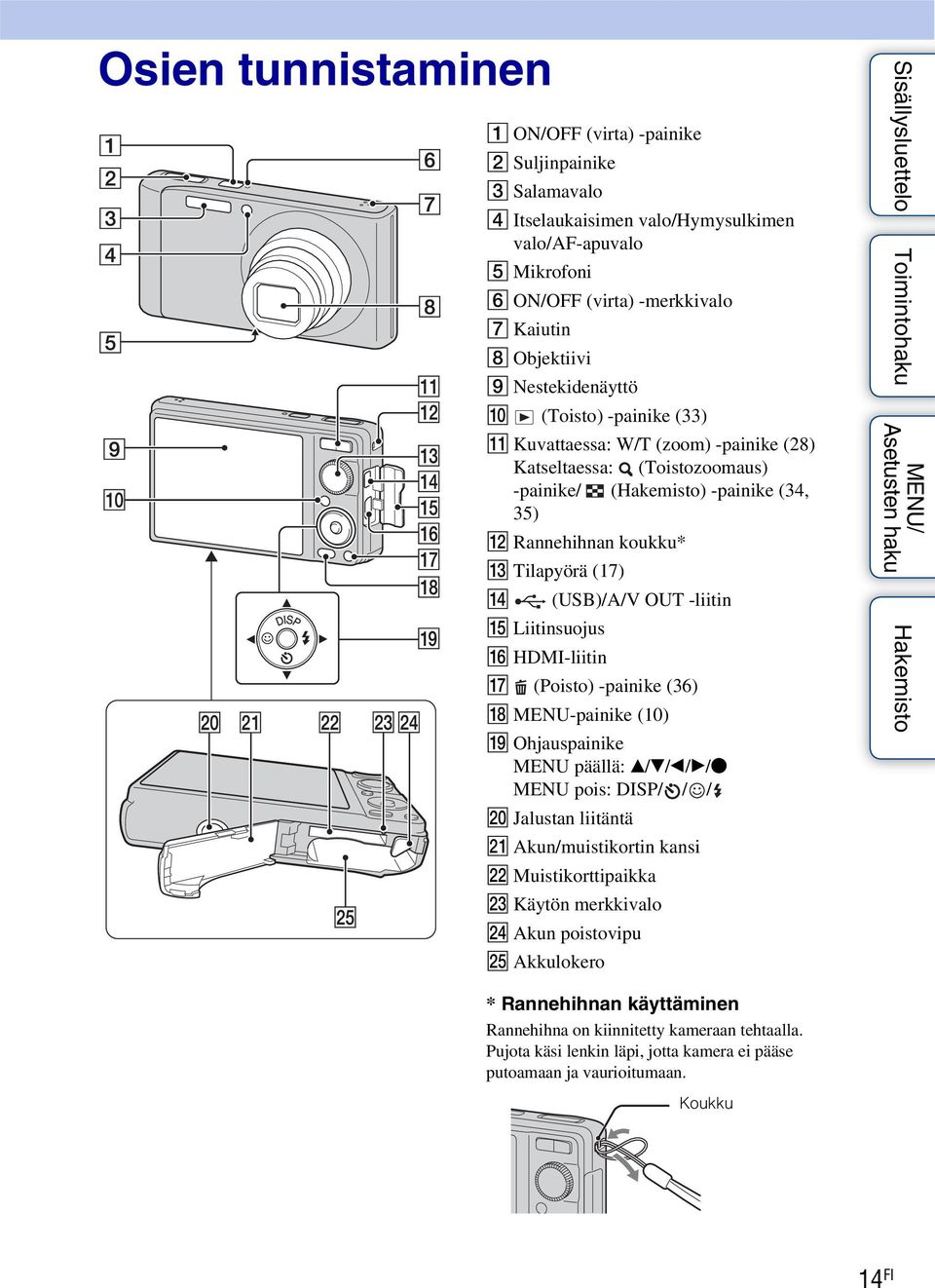 -liitin O Liitinsuojus P HDMI-liitin Q (Poisto) -painike (36) R MENU-painike (10) S Ohjauspainike MENU päällä: v/v/b/b/z MENU pois: DISP/ / / T Jalustan liitäntä U Akun/muistikortin kansi V