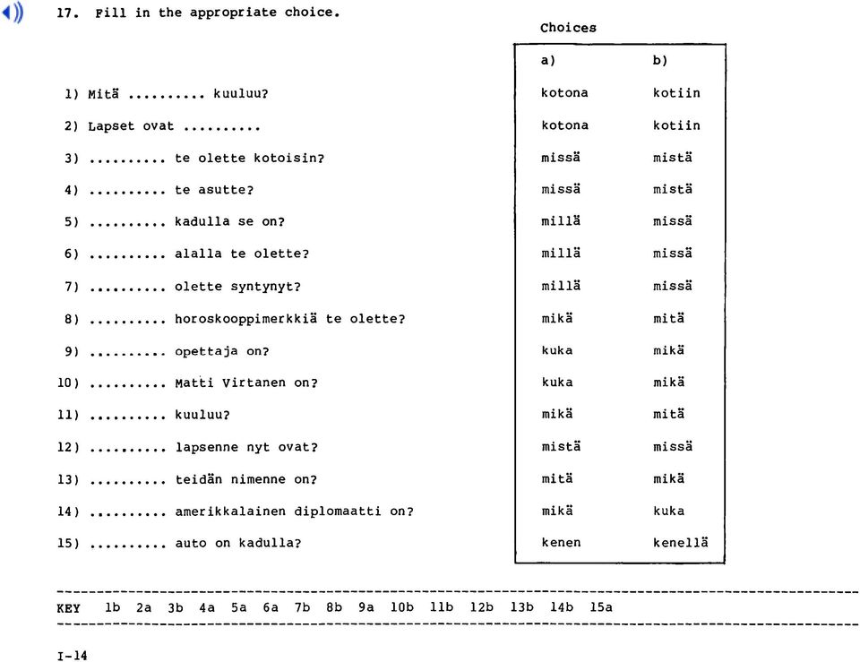 12) lapsenne nyt ovat? 13) teidän nimenne on? 14) amerikkalainen diplomaatti on? 15) auto on kadulla?