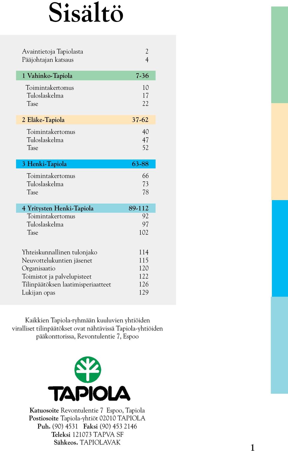 jäsenet 115 Organisaatio 120 Toimistot ja palvelupisteet 122 Tilinpäätöksen laatimisperiaatteet 126 Lukijan opas 129 Kaikkien Tapiola-ryhmään kuuluvien yhtiöiden viralliset tilinpäätökset ovat