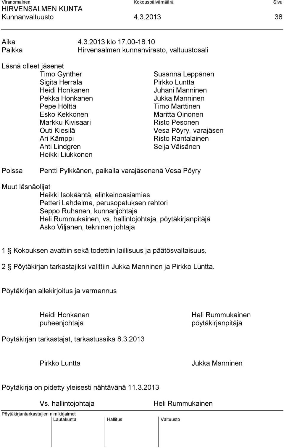 Ahti Lindgren Heikki Liukkonen Susanna Leppänen Pirkko Luntta Juhani Manninen Jukka Manninen Timo Marttinen Maritta Oinonen Risto Pesonen Vesa Pöyry, varajäsen Risto Rantalainen Seija Väisänen Poissa