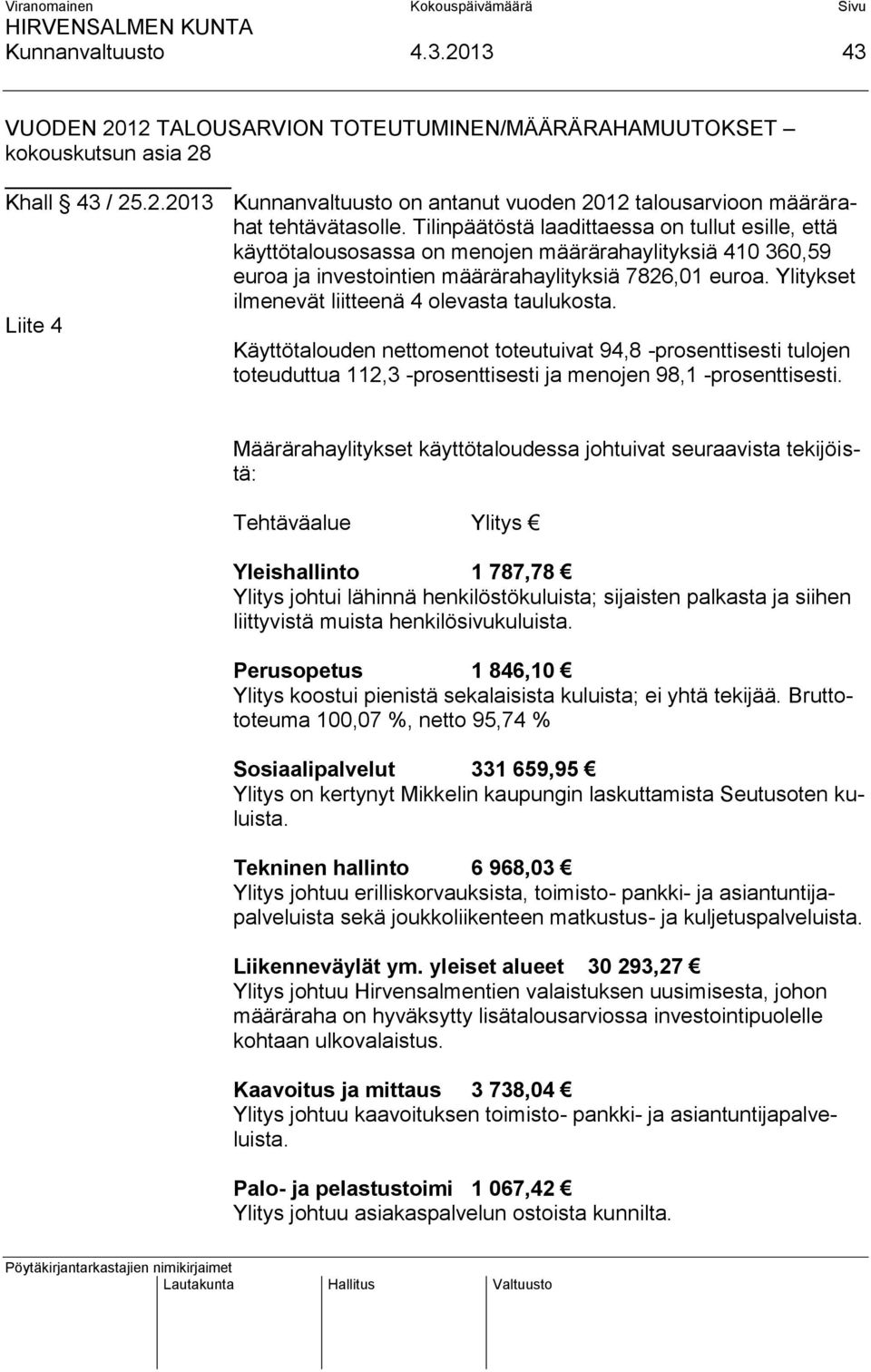 Ylitykset ilmenevät liitteenä 4 olevasta taulukosta. Liite 4 Käyttötalouden nettomenot toteutuivat 94,8 -prosenttisesti tulojen toteuduttua 112,3 -prosenttisesti ja menojen 98,1 -prosenttisesti.