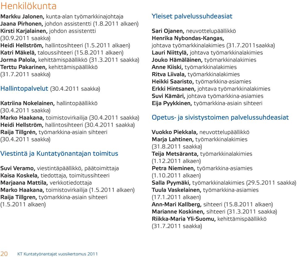 .3.2011 saakka) Terttu Pakarinen, kehittämispäällikkö (31.7.2011 saakka) Hallintopalvelut (30.4.2011 saakka) Katriina Nokelainen, hallintopäällikkö (30.4.2011 saakka) Marko Haakana, toimistovirkailija (30.