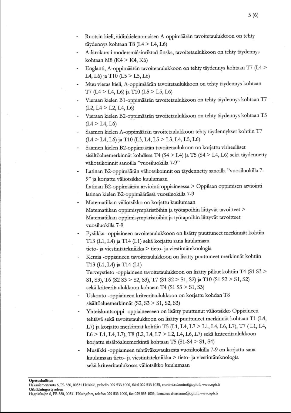 tdydennys kohtaan T7 Q4> L4,L6) jat10 (L5 > L5, L6) - Yteraankielen Bl-oppimzi,atantavoitetaulukkoon on tehty tdydennys kohtaantt p2,l4 > L2,L4,L6) - Vieraan kielen B2-oppimzitar,intavoitetaulukkoon