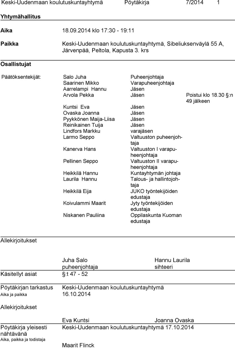 krs Osallistujat Päätöksentekijät: Salo Juha Puheenjohtaja Saarinen Mikko Varapuheenjohtaja Aarrelampi Hannu Jäsen Arvola Pekka Jäsen Poistui klo 18.