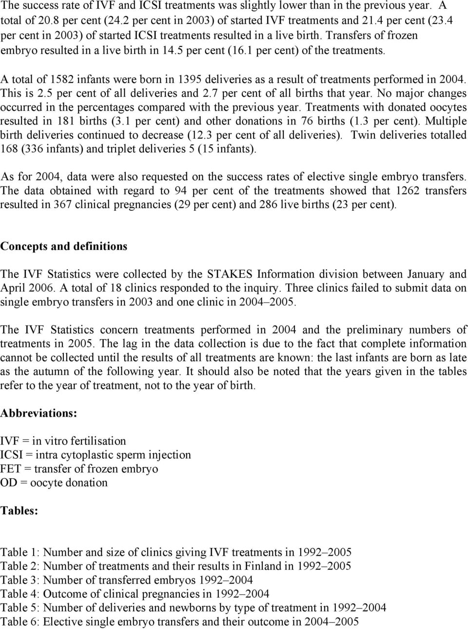 A total of 1582 infants were born in 1395 deliveries as a result of treatments performed in 2004. This is 2.5 per cent of all deliveries and 2.7 per cent of all births that year.