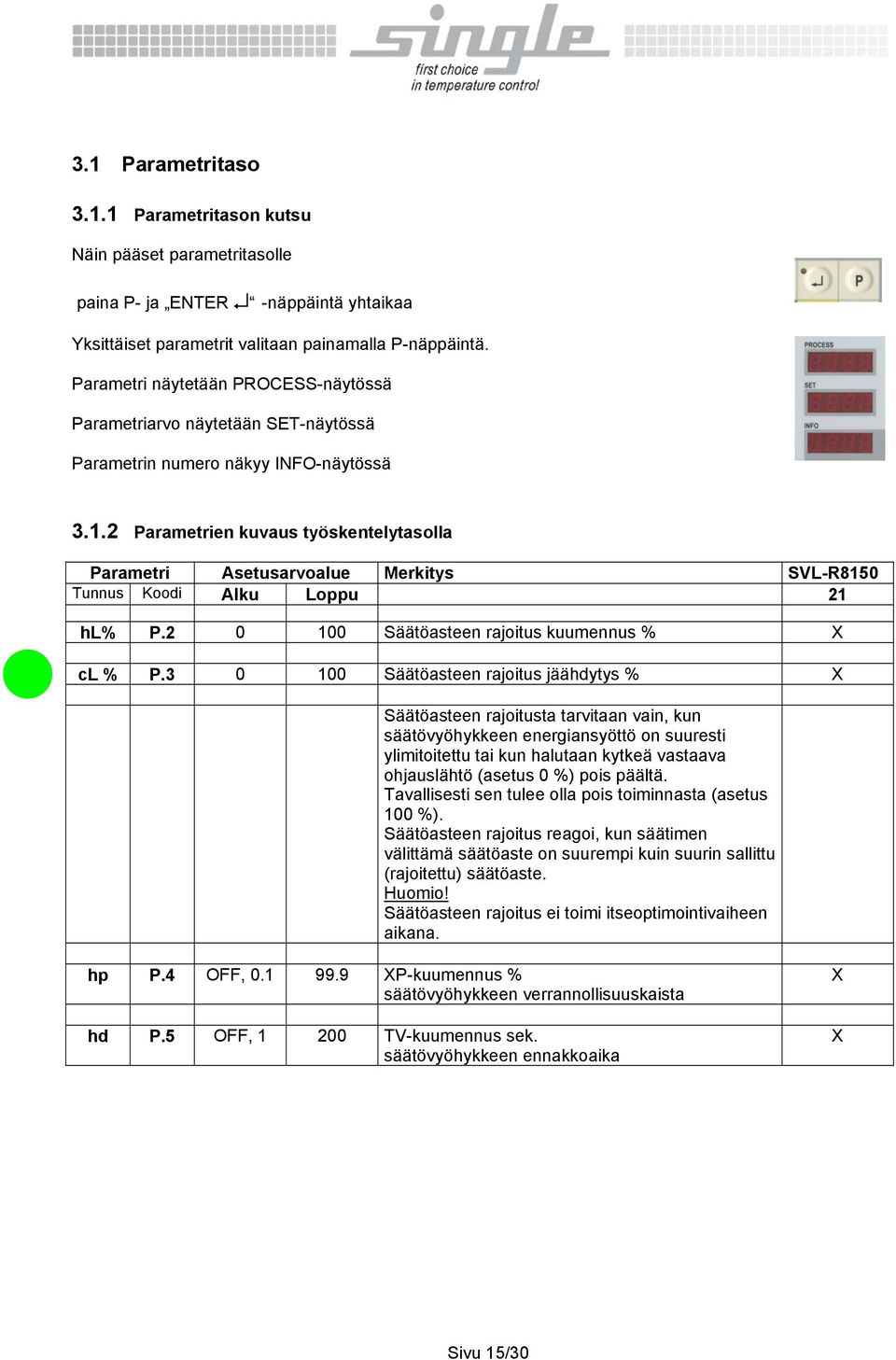 2 Parametrien kuvaus työskentelytasolla Parametri Asetusarvoalue Merkitys SVL-R8150 Tunnus Koodi Alku Loppu 21 hl% P.2 0 100 Säätöasteen rajoitus kuumennus % cl % P.