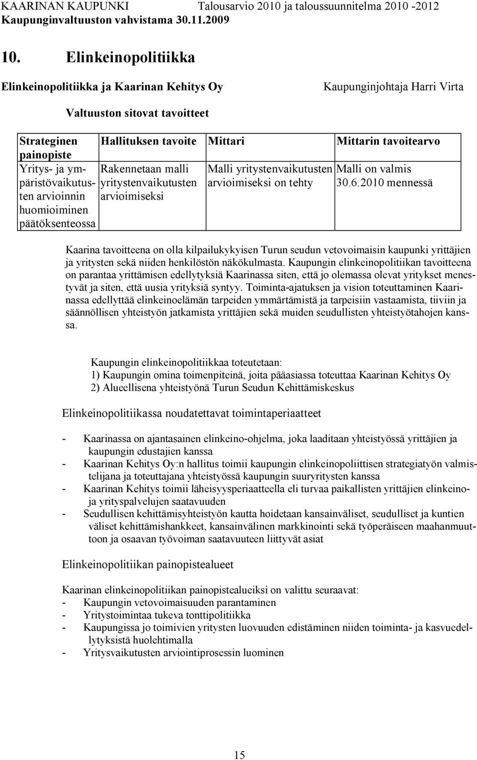 2010 mennessä Kaarina tavoitteena on olla kilpailukykyisen Turun seudun vetovoimaisin kaupunki yrittäjien ja yritysten sekä niiden henkilöstön näkökulmasta.