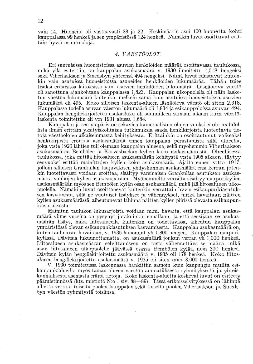 1930 ilmoitettu 1,518 hengeksi sekä Viherlaakson ja Smedsbyn yhteensä 494 hengeksi. Nämä luvut edustavat kuitenkin vain asutuissa huoneistoissa asuneiden henkilöiden lukumäärää.