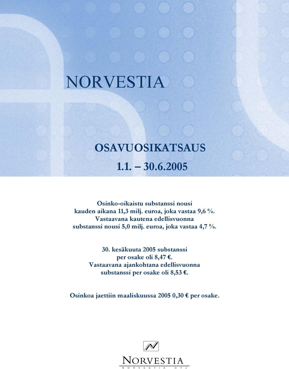 euroa, joka vastaa 4,7 %. 30. kesäkuuta 2005 substanssi per osake oli 8,47.