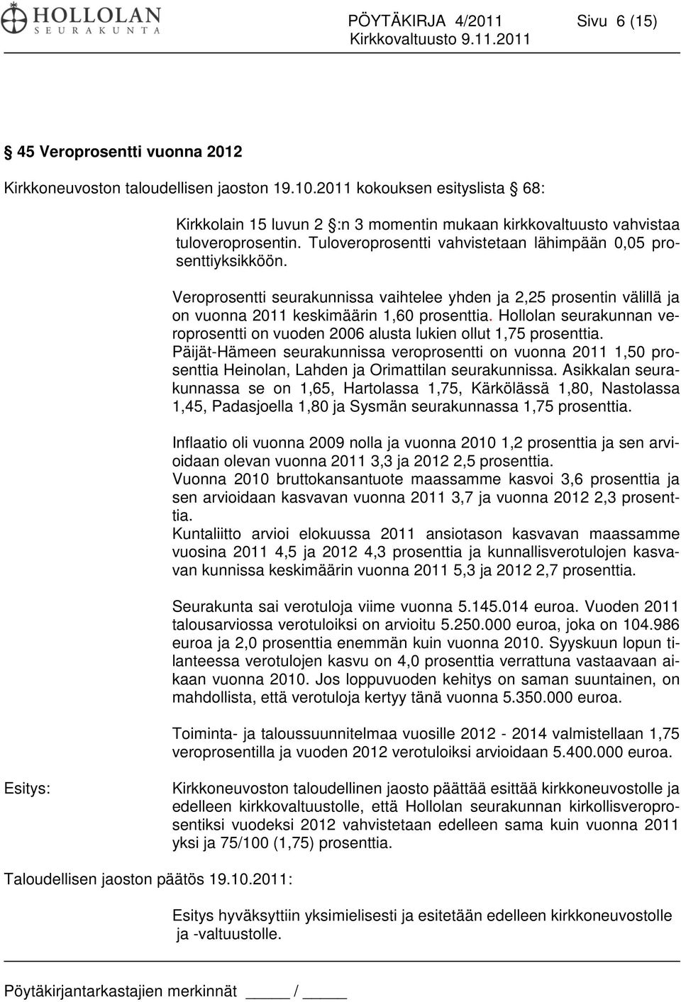 Veroprosentti seurakunnissa vaihtelee yhden ja 2,25 prosentin välillä ja on vuonna 2011 keskimäärin 1,60 prosenttia.