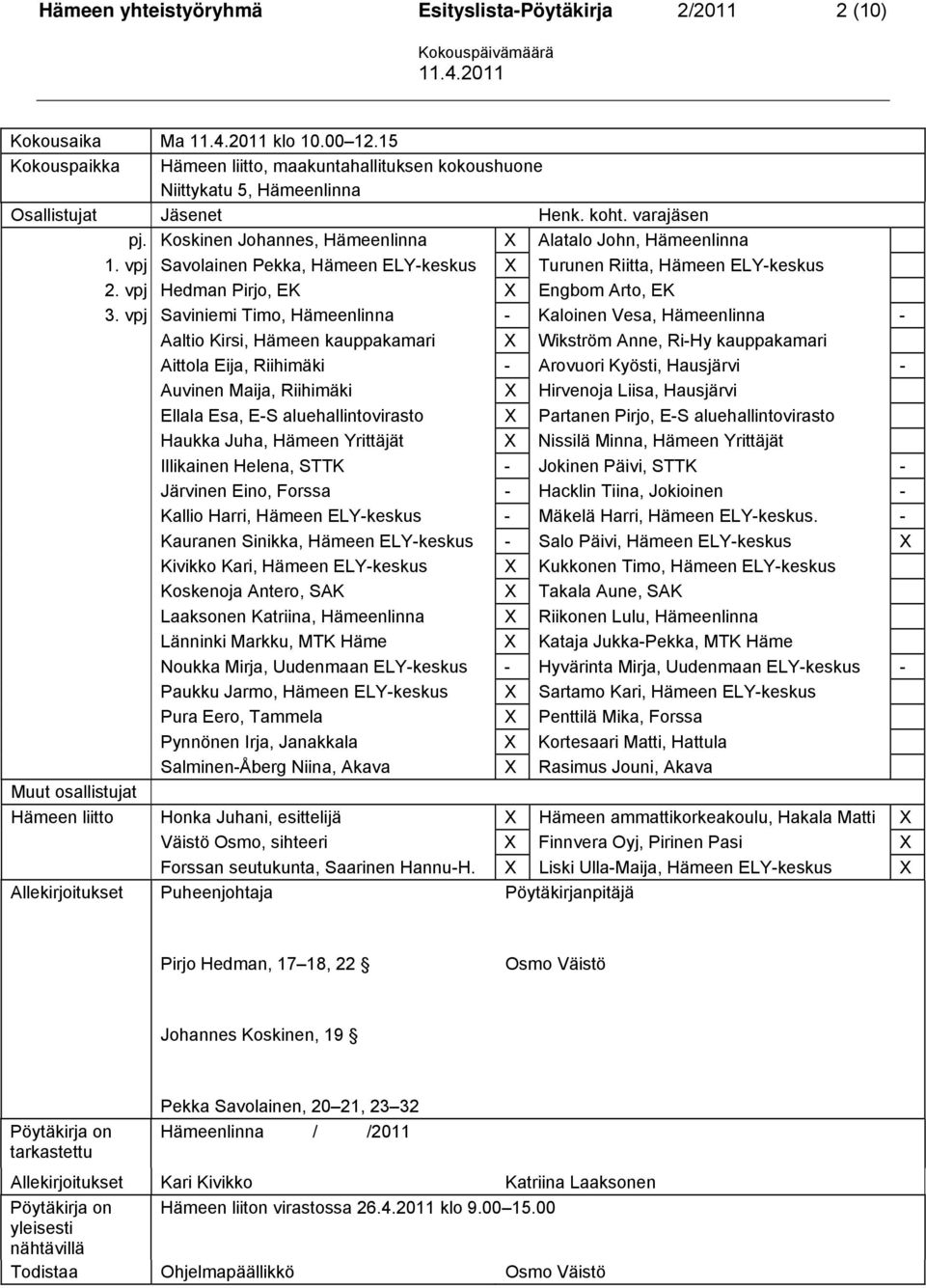 vpj Savolainen Pekka, Hämeen ELY-keskus X Turunen Riitta, Hämeen ELY-keskus 2. vpj Hedman Pirjo, EK X Engbom Arto, EK 3.