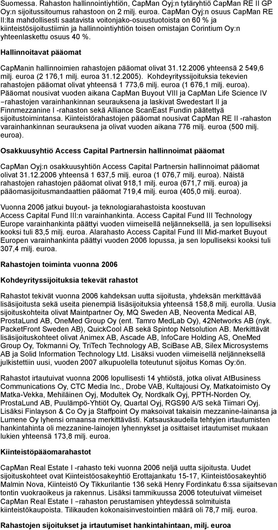 40 %. Hallinnoitavat pääomat CapManin hallinnoimien rahastojen pääomat olivat 31.12.2006 yhteensä 2 549,6 milj. euroa (2 176,1 milj. euroa 31.12.2005).