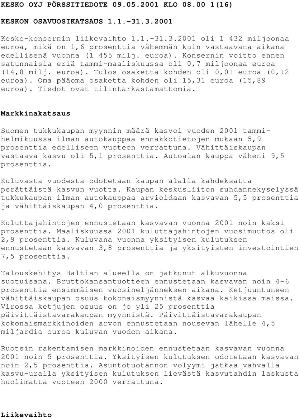 Oma pääoma osaketta kohden oli 15,31 euroa (15,89 euroa). Tiedot ovat tilintarkastamattomia.