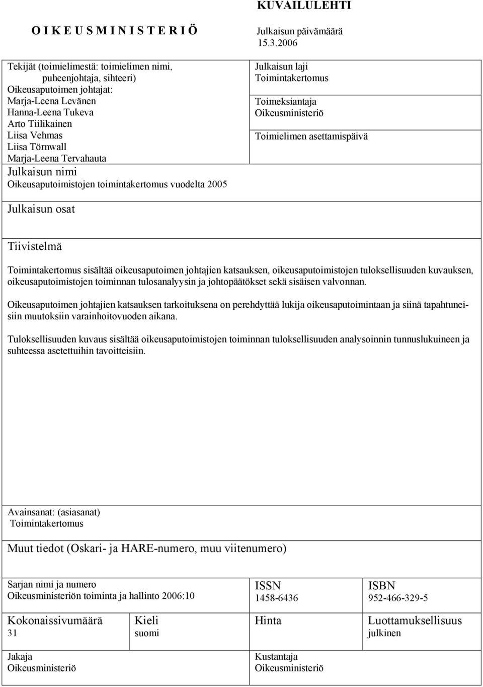 2006 Julkaisun laji Toimintakertomus Toimeksiantaja Oikeusministeriö Toimielimen asettamispäivä Julkaisun osat Tiivistelmä Toimintakertomus sisältää oikeusaputoimen johtajien katsauksen,