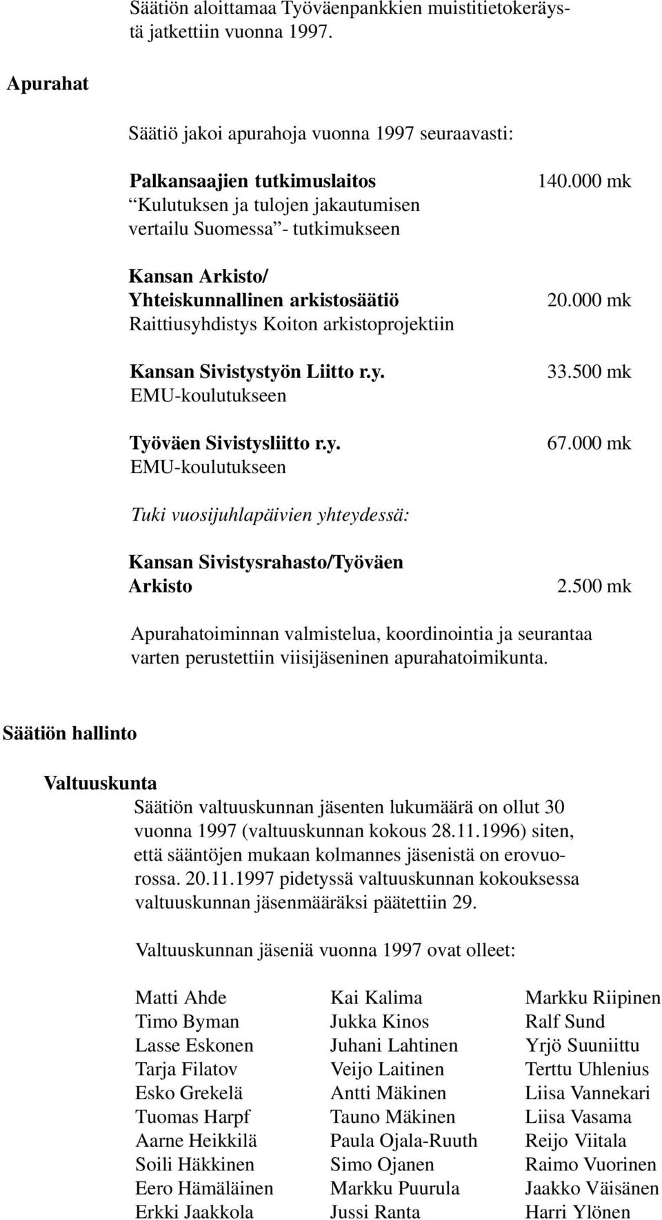 arkistosäätiö Raittiusyhdistys Koiton arkistoprojektiin Kansan Sivistystyön Liitto r.y. EMU-koulutukseen Työväen Sivistysliitto r.y. EMU-koulutukseen 140.000 mk 20.000 mk 33.500 mk 67.