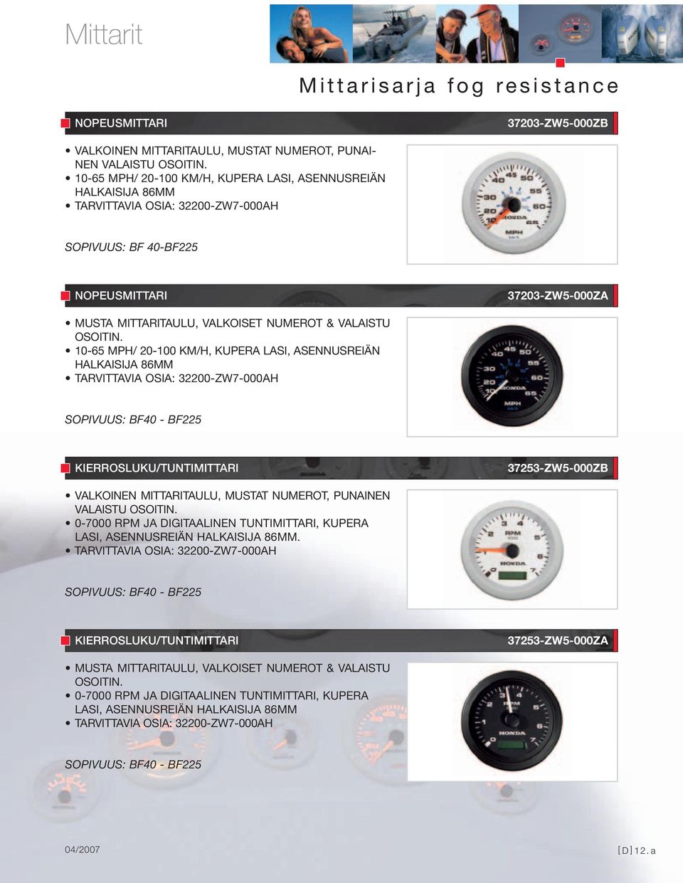 10-65 MPH/ 20-100 KM/H, KUPERA LASI, ASENNUSREIÄN HALKAISIJA 86MM KIERROSLUKU/TUNTIMITTARI 37253-ZW5-000ZB VALKOINEN MITTARITAULU, MUSTAT NUMEROT, PUNAINEN VALAISTU OSOITIN.