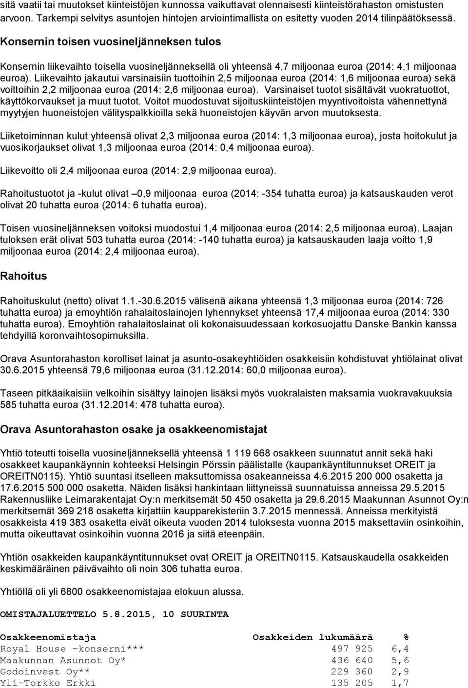 Konsernin toisen vuosineljänneksen tulos Konsernin liikevaihto toisella vuosineljänneksellä oli yhteensä 4,7 miljoonaa euroa (2014: 4,1 miljoonaa euroa).