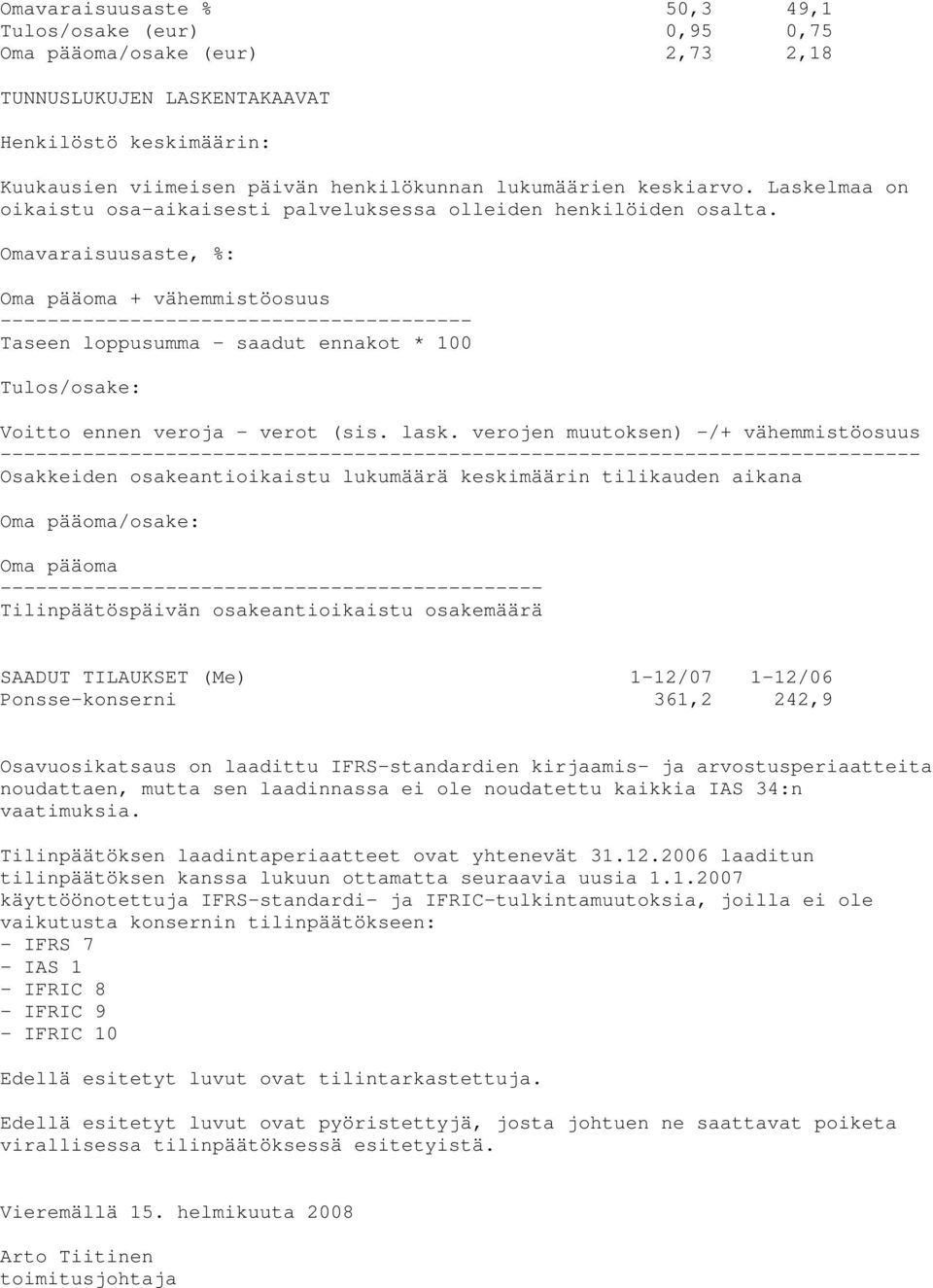 Omavaraisuusaste, %: Oma pääoma + vähemmistöosuus ---------------------------------------- Taseen loppusumma saadut ennakot * 100 Tulos/osake: Voitto ennen veroja verot (sis. lask.