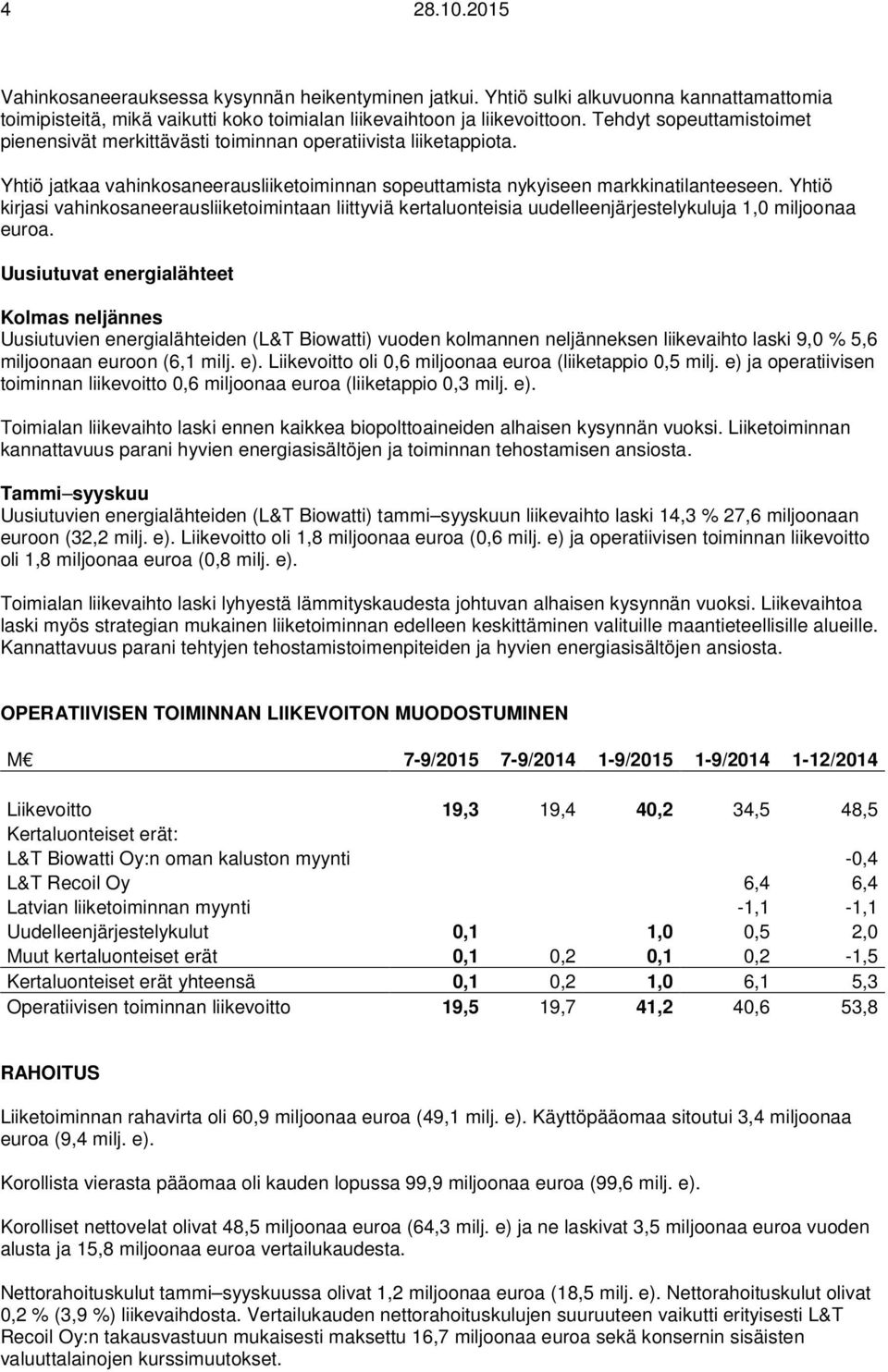 Yhtiö kirjasi vahinkosaneerausliiketoimintaan liittyviä kertaluonteisia uudelleenjärjestelykuluja 1,0 miljoonaa euroa.