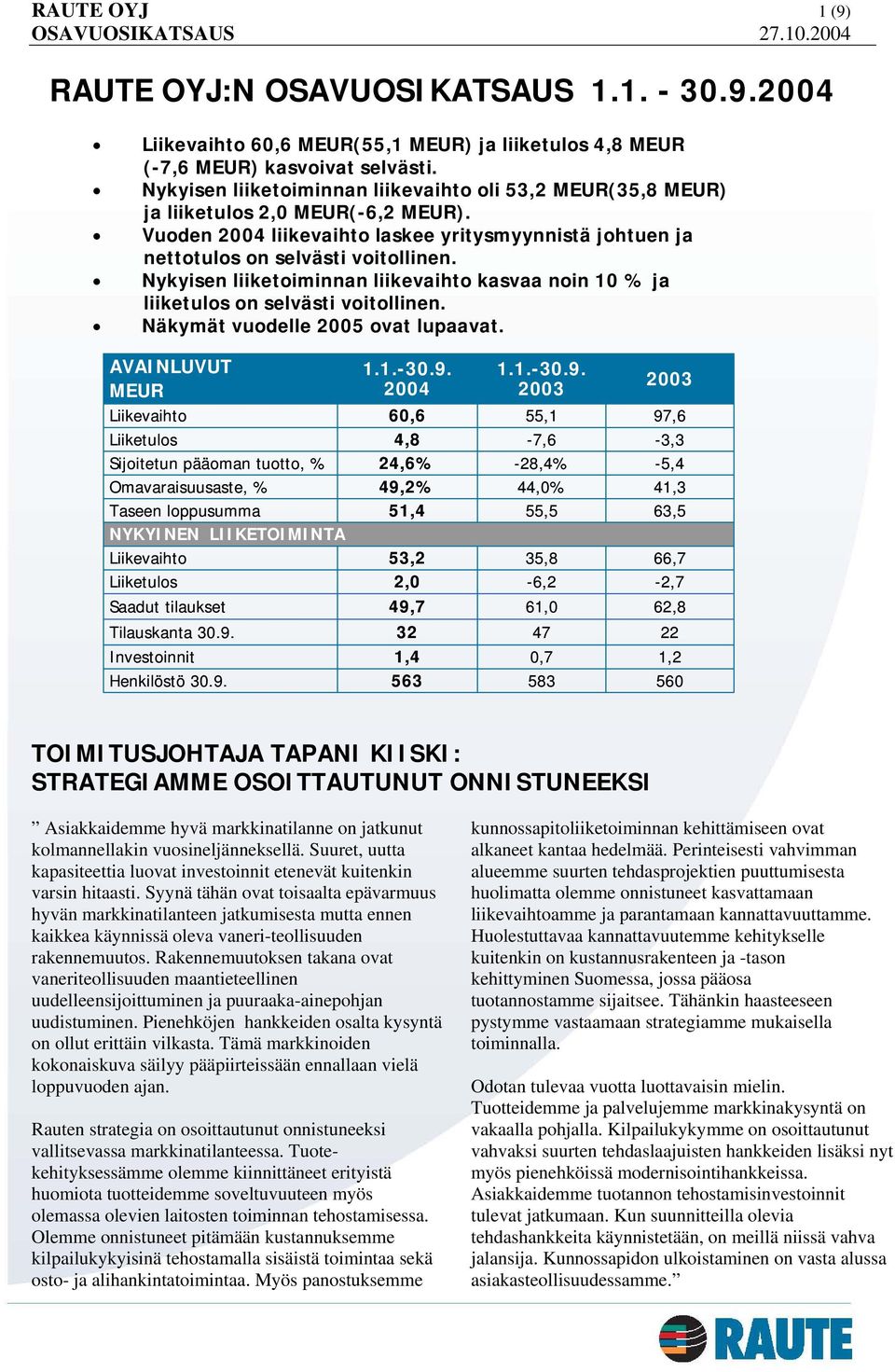 Nykyisen liiketoiminnan liikevaihto kasvaa noin 10 % ja liiketulos on selvästi voitollinen. Näkymät vuodelle 2005 ovat lupaavat.