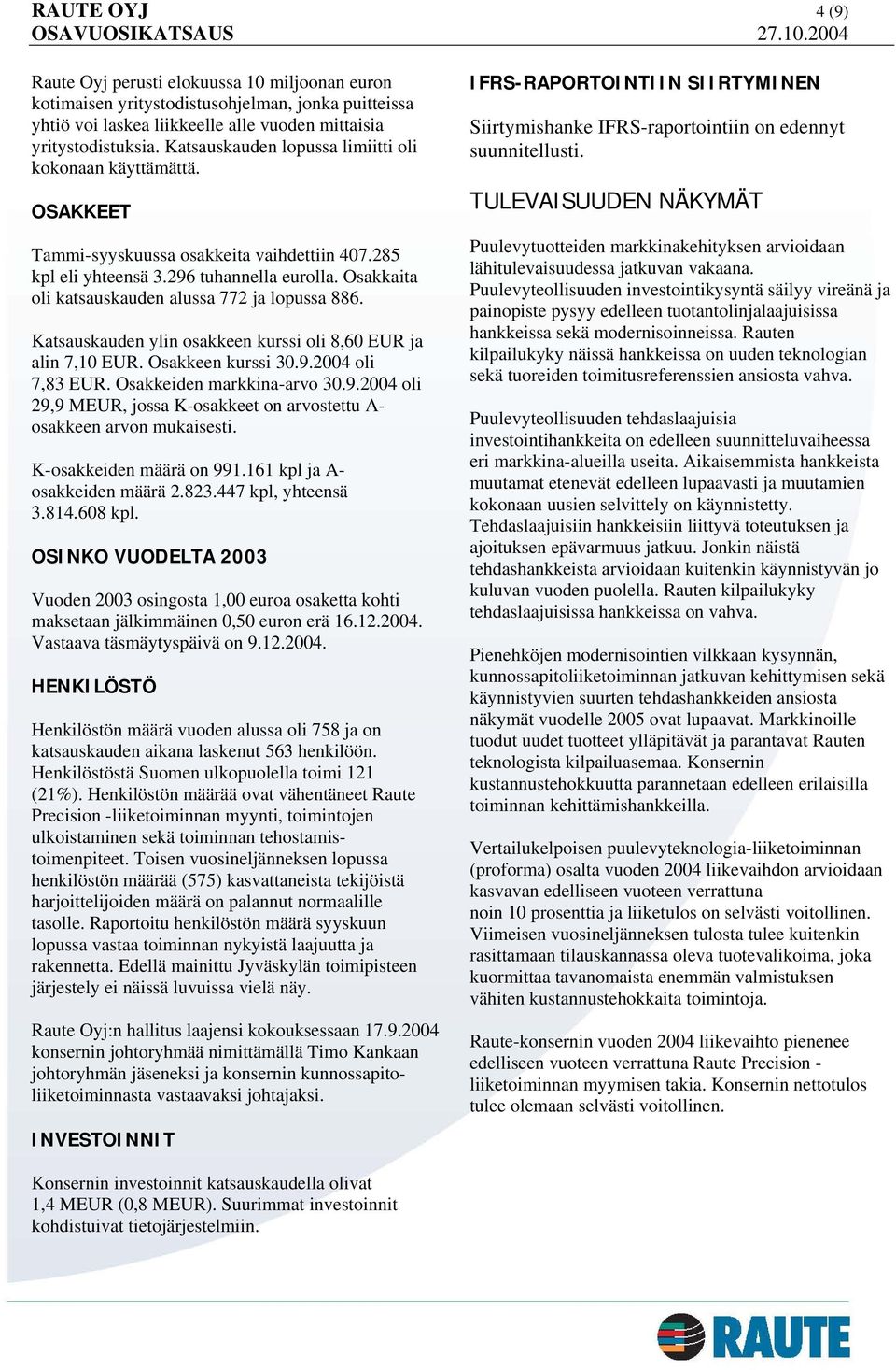 Osakkaita oli katsauskauden alussa 772 ja lopussa 886. Katsauskauden ylin osakkeen kurssi oli 8,60 EUR ja alin 7,10 EUR. Osakkeen kurssi 30.9.