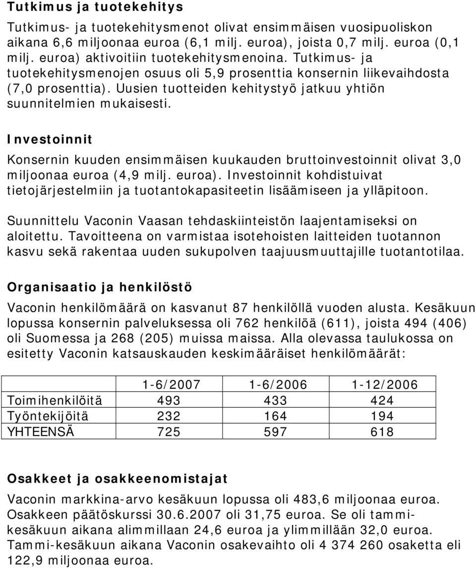 Uusien tuotteiden kehitystyö jatkuu yhtiön suunnitelmien mukaisesti. Investoinnit Konsernin kuuden ensimmäisen kuukauden bruttoinvestoinnit olivat 3,0 miljoonaa euroa (4,9 milj. euroa).