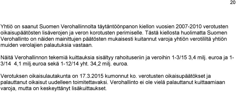 Näitä Verohallinnon tekemiä kuittauksia sisältyy rahoituseriin ja veroihin 1-3/15 3,4 milj. euroa ja 1-3/14 4,1 milj.euroa sekä 1-12/14 yht. 34,2 milj. euroa. Verotuksen oikaisulautakunta on 17.