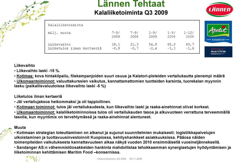 tuorekalan myynnin lasku (paikallisvaluutoissa liikevaihto laski -5 %) Liiketulos ilman kertaeriä Jäi vertailujaksoa heikommaksi ja oli tappiollinen.